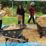 Sigrid Bogert and Fathom Mitchell, both 11, toss straw used during a childrens game into a wheelbarrow to place on a garden plot during the 30th Annual Juneau Community Garden Harvest Fair on Saturday. (Mark Sabbatini / Juneau Empire)