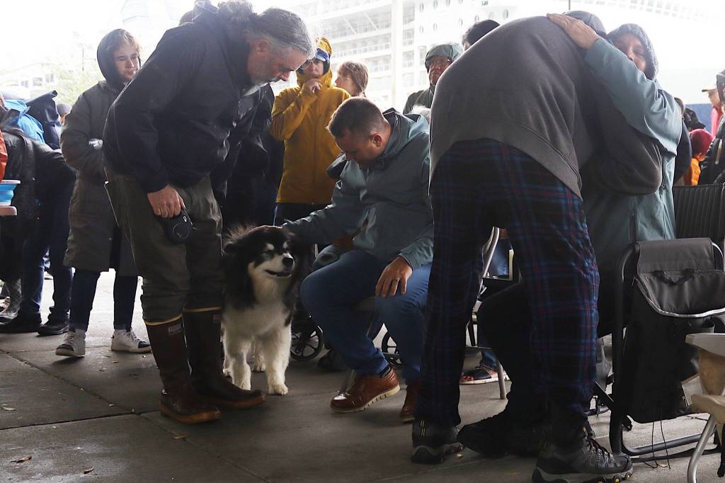 Jason Kissack pets Juno, the dog belonging to his brother Steven, during a memorial gathering Sunday at Marine Park. (Mark Sabbatini / Juneau Empire)
