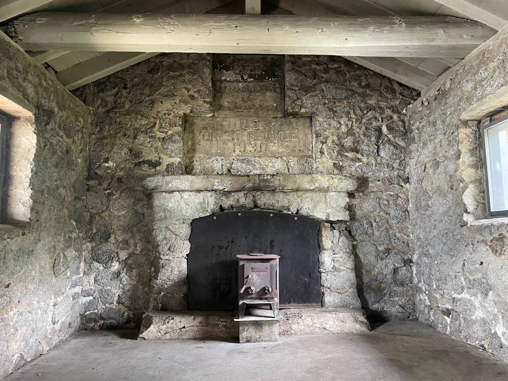An interior photo of Skaters Cabin shows the markings of the Civilian Conservation Corps in a photo taken on July 22, 2024. (Laurie Craig / Juneau Empire)