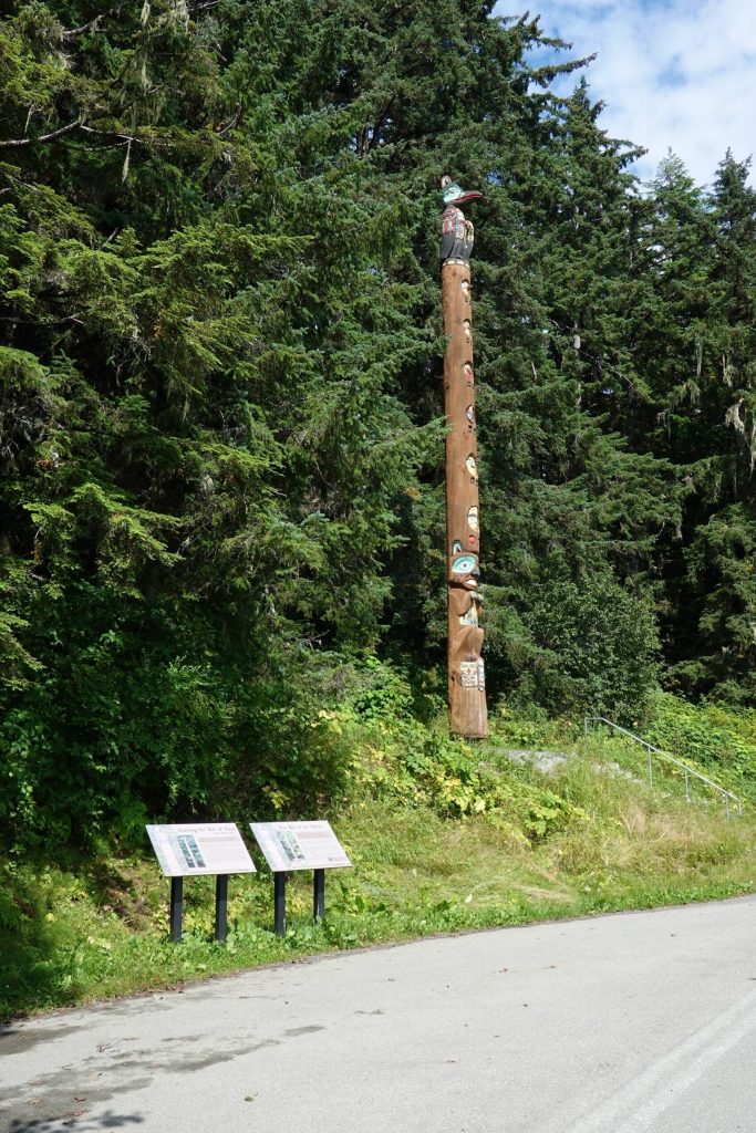 The YaxTe, or Big Dipper, totem pole designed by Forest Service architect Linn Forrest and carved by Tlingit Master Carver by Frank St. Clair stands near the Auke Recreation picnic site. (Laurie Craig / Juneau Empire)