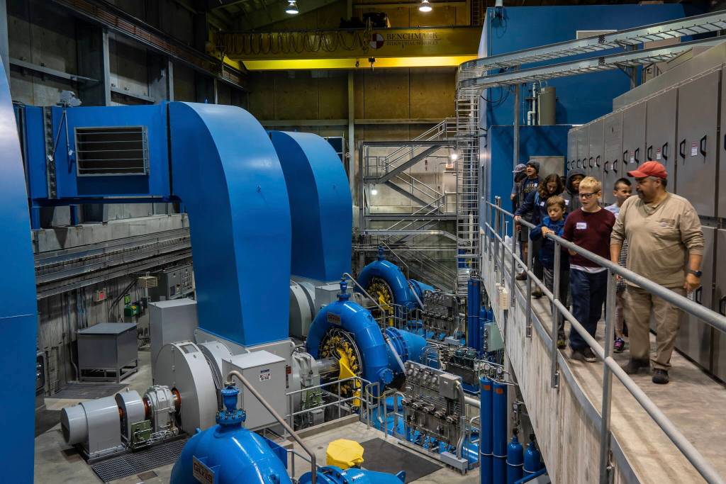 Sitka youth tour the City of Sitkas Blue Lake hydroelectric powerhouse during a Southeast Renewable Energy Camp. (Photo by Ryan Morse)