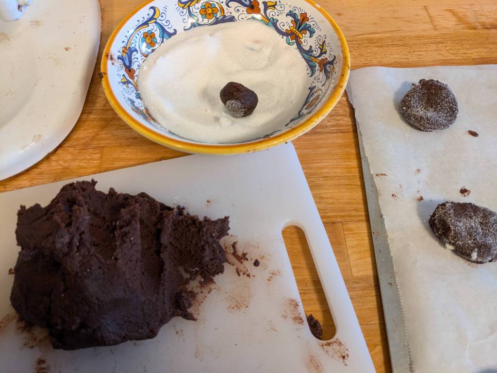 Preparing to bake chocolate sugar cookies. (Photo by Patty Schied)