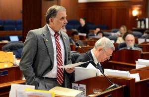 Rep. George Rauscher, R-Sutton, speaks during a session of the Alaska House of Representatives on Sunday, May 12, 2024. Rauscher was the lead sponsor of House Bill 88. (James Brooks/Alaska Beacon)