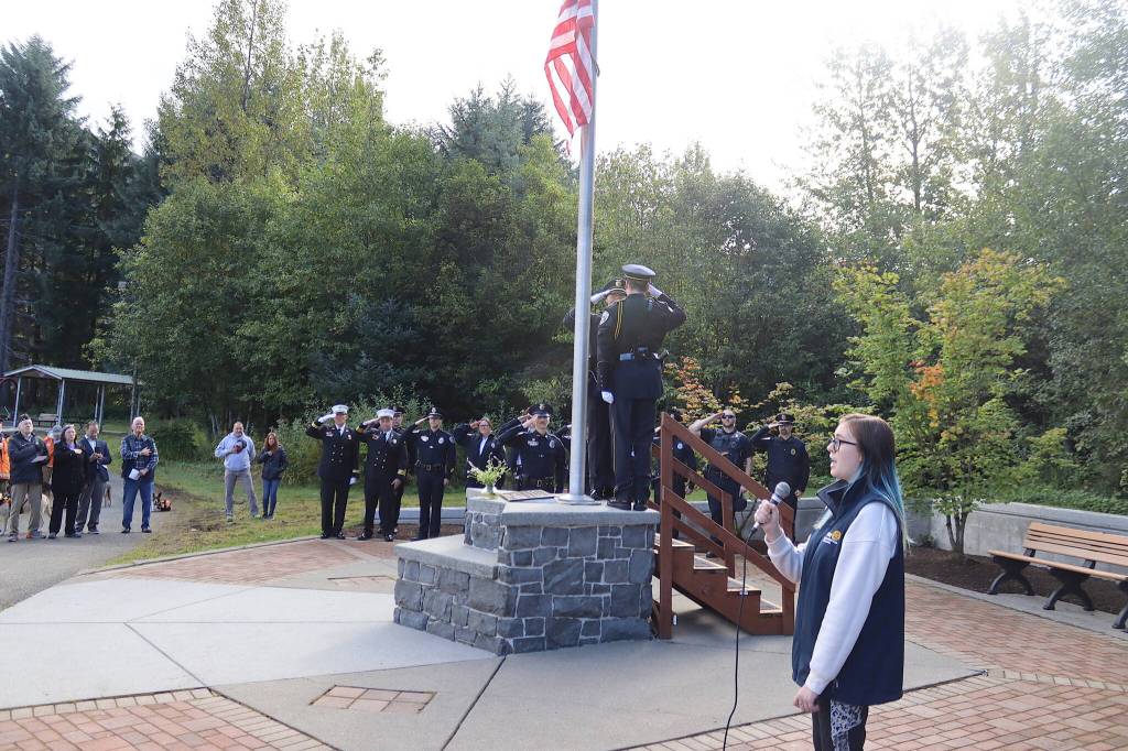 Kelsi Sell performs the national anthem during a Sept. 11 commemoration ceremony Wednesday morning. (Mark Sabbatini / Juneau Empire)