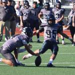 Sammy Mazon, a recent addition to the Juneau Huskies playing in his second game, kicks a 29-yard field goal during the first half of Saturdays game against West Anchorage High School at Adair-Kennedy Memorial Park. (Mark Sabbatini / Juneau Empire)