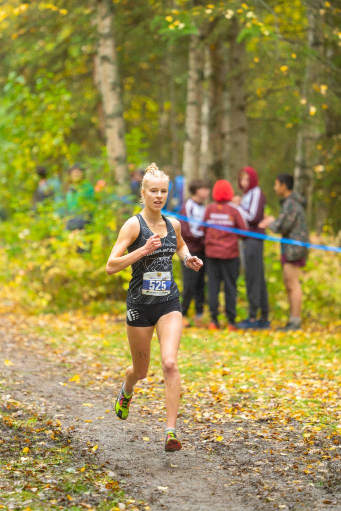 Ida Meyer, a senior at Juneau-Douglas High School: Yadaa.at Kalé, won the 5K race at the State Preview 2024 meet at Bartlett High School in Anchorage on Saturday. (Photo by Kent Mearig)