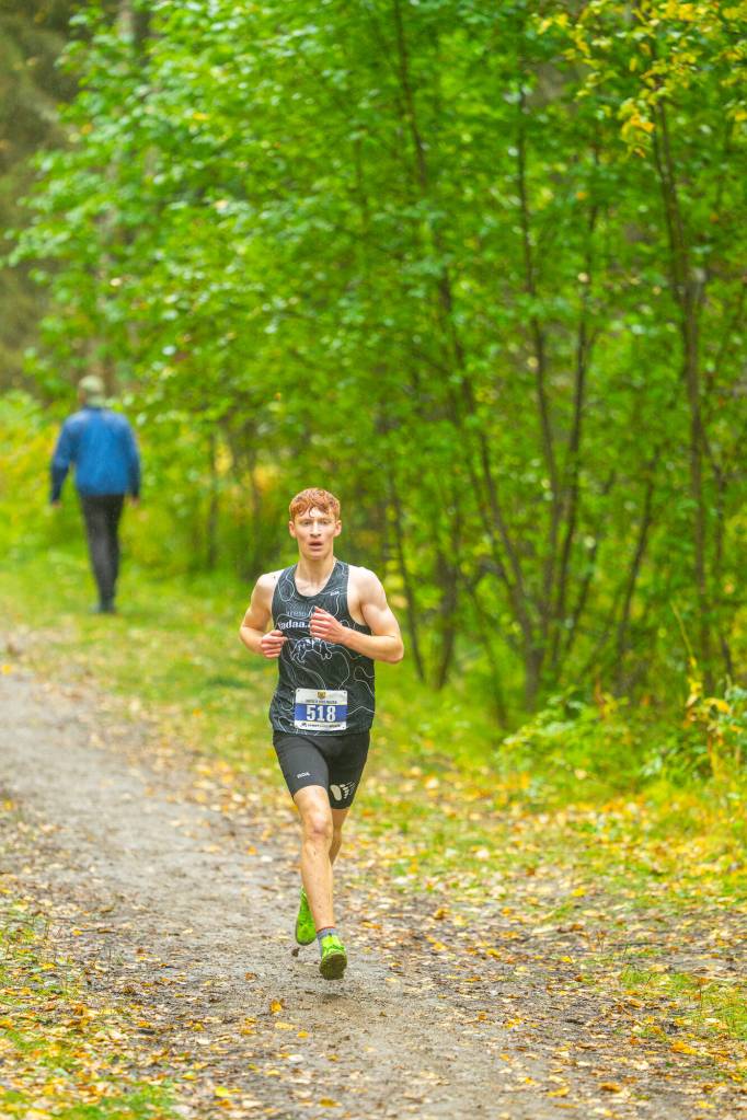 Erik Thompson, a sophomore at Juneau-Douglas High School: Yadaa.at Kalé, finished fourth in the 5K race at the State Preview 2024 meet at Bartlett High School in Anchorage on Saturday. (Photo by Kent Mearig)