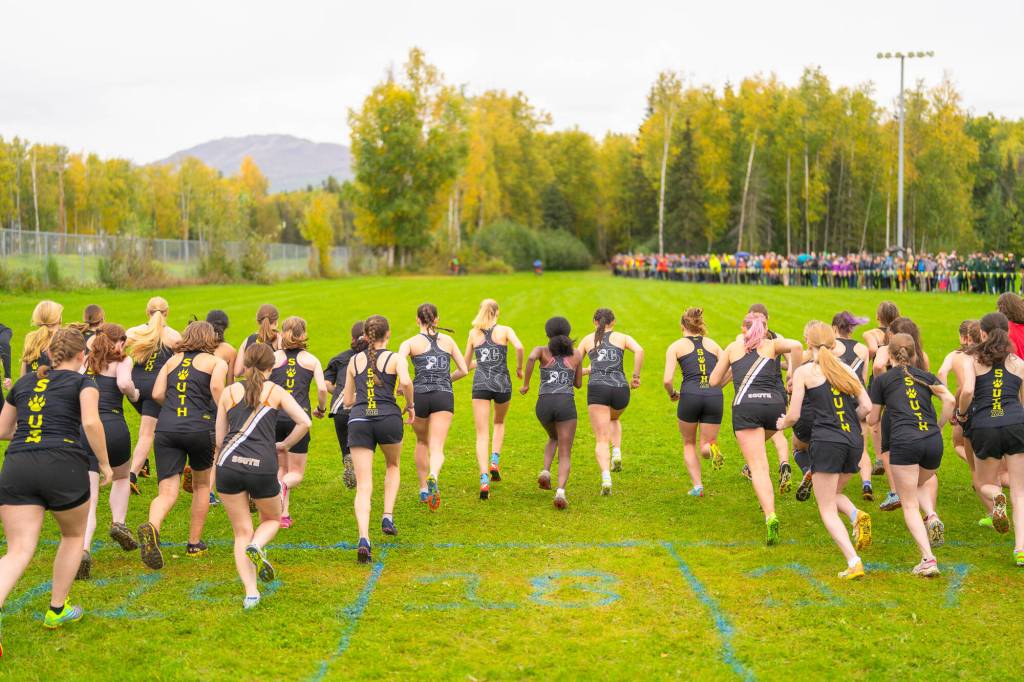 Girls start the 5K race at the State Preview 2024 meet at Bartlett High School in Anchorage on Saturday. (Photo by Kent Mearig)