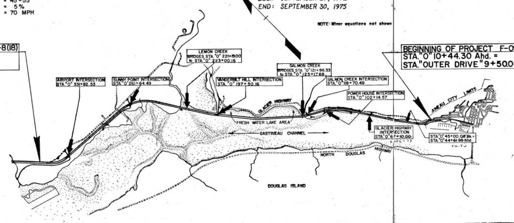 A Department of Highways map from 1975 showing the completed route of Egan Drive through Gastineau Channel. (Alaska Department of Transportation and Public Facilities)