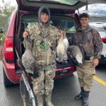 Juneau-Douglas High School: Yadaa.at Kalé students Justin Geary and Justus Darbonne, both 17, show ducks and geese they hunted on Sept. 2, 2024, during the waterfowl season opening reserved for youngsters. Students were crucial to the successful passage in 1976 of legislation establishing the Mendenhall Wetlands State Game Refuge. (Laurie Craig / Juneau Empire)
