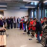 The Tlingit and Haida Elder Dance Group performs during a ribbon-cutting ceremony for the new Áakʼw Tá Hít building at the University of Alaska Southeast on Friday. (Mark Sabbatini / Juneau Empire)