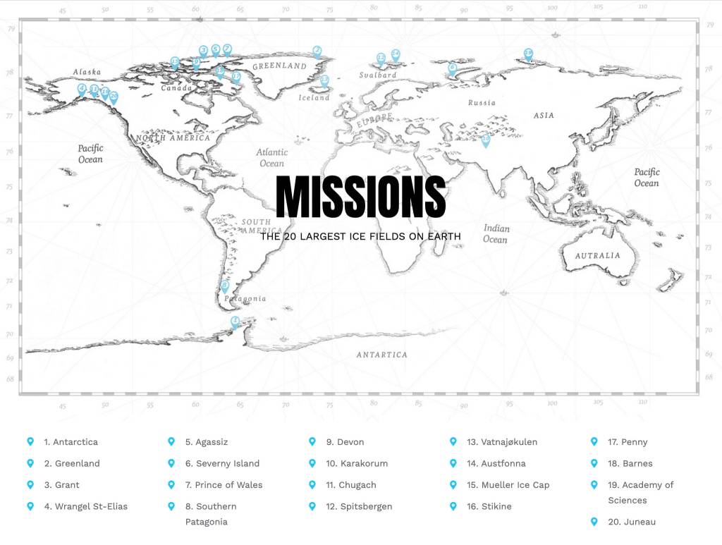 A map shows the 20 icefields Vincent Colliard and Børge Ousland plan to cross for their Ice Legacy project. (Map by Ice Legacy)