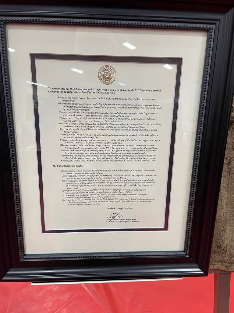 The formal U.S. Navy apology offered during a ceremony Saturday to the people of Kake for the bombardment of the village in 1869. (Laurie Craig / Juneau Empire)