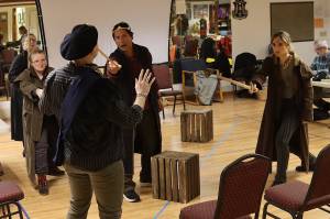Cast members of Henry V rehearse Wednesday at the Filipino Community Hall for the Theater Alaska production opening Friday. (Mark Sabbatini / Juneau Empire)