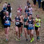 Chugiak junior Hannah Shaha (151), Juneau-Douglas High School: Yadaa.at Kalé senior Ida Meyer (282, South junior Mia Stiassny, Colony senior Ella Hopkins, Chugiak senior Alliyah Fields (140) and Wasilla sophomore Hailee Giacobbe (531) race during the Division I 2024 ASAA cross-country running state championships Saturday on the Bartlett High School Trails in Anchorage. (Klas Stolpe / Juneau Empire)
