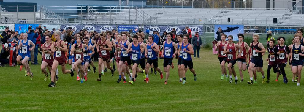 The Division II boys start the 2024 ASAA cross-country running state championships Saturday on the Bartlett High School Trails in Anchorage. (Klas Stolpe / Juneau Empire)