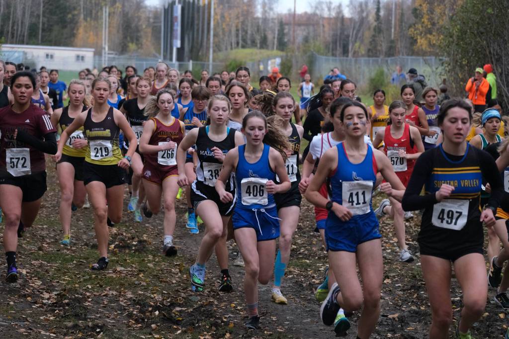 The Division III girls begin the 2024 ASAA cross-country running state championships Saturday on the Bartlett High School Trails in Anchorage. (Klas Stolpe / Juneau Empire)