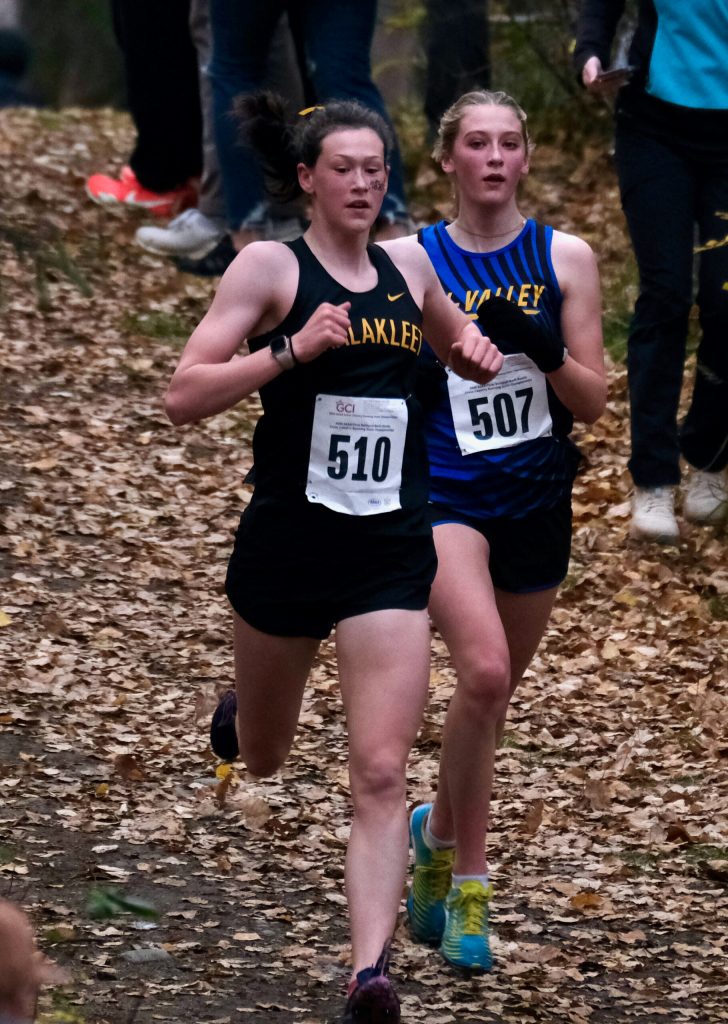 Unalakleet junior Ourea Busk (510) and Tri-Valley junior Taylor Eddington (507) race during the Division III girls 2024 ASAA cross-country running state championships Saturday on the Bartlett High School Trails in Anchorage. (Klas Stolpe / Juneau Empire)