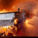 Four businesses and four apartments in a building owned by Mike Ward burn on Saturday, Oct. 5, 2024, in Haines. (Rashah McChesney/Chilkat Valley News)
