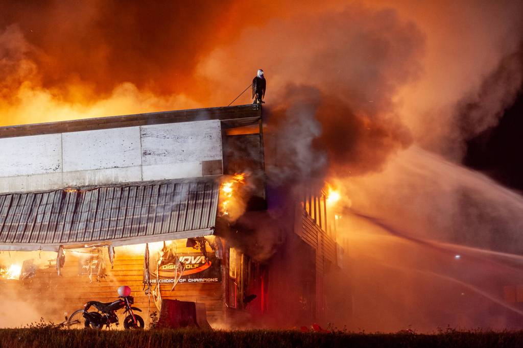 Four businesses and four apartments in a building owned by Mike Ward burn on Saturday, Oct. 5, 2024, in Haines. (Rashah McChesney/Chilkat Valley News)