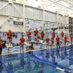 Seniors on the Juneau-Douglas High School: Yadaa.at Kalé swim and dive team are honored during a meet Saturday at the Dimond Park Aquatic Center. (Photo courtesy of JDHS Swim)