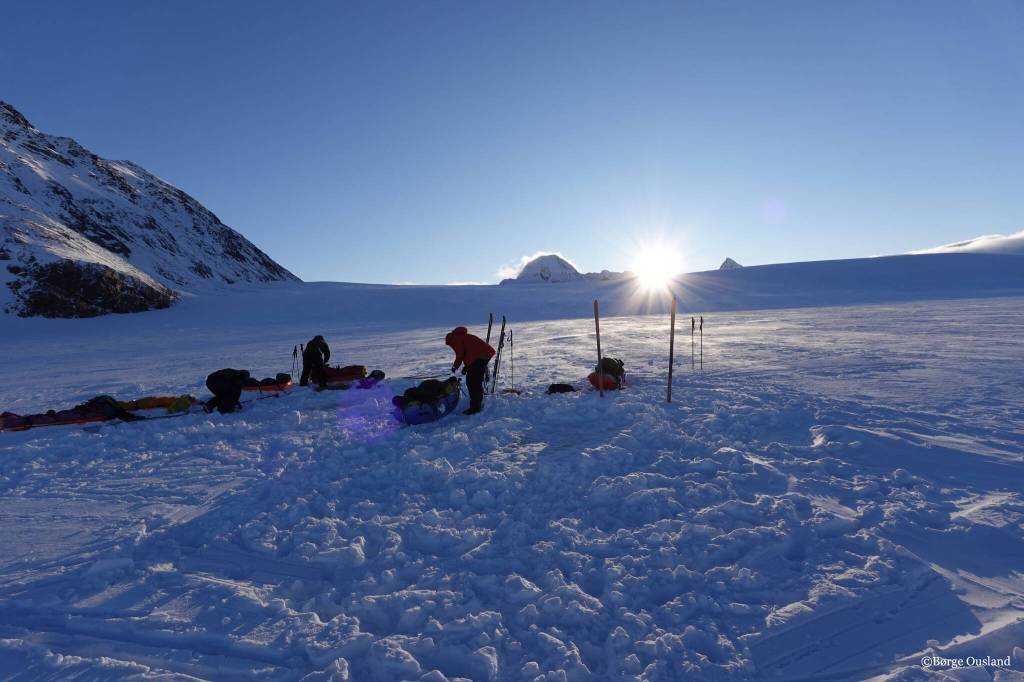 Vincent Colliard, Sarah McNair-Landry and Erik Boomer set up camp on the Juneau Icefield. (Børge Ousland / Copyright photo used with permission)