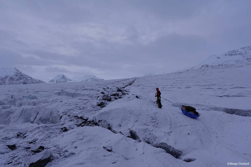 Vincent Colliard contemplates a path through a section of the Juneau Icefield during his three-week crossing with fellow polar explorer Børge Ousland. (Børge Ousland / Copyright photo used with permission)