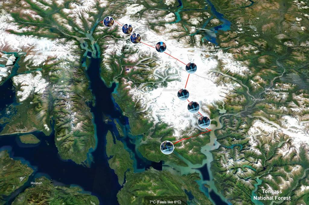A map shows the progress of Børge Ousland and Vincent Colliard as they crossed the Juneau Icefield during a 20-day expedition that ended Friday. (Map by Ice Legacy)