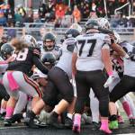The Juneau Huskies appear to break the goal line against West Anchorage but officials called the run short. (Klas Stolpe / Juneau Empire)