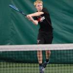 Juneau-Douglas High School: Yadaa.at Kalé junior Eliot Welch hits a backhand shot during his third-place match at the 2024 ASAA Tennis Championship on Saturday at Anchorages Alaska Club. (Klas Stolpe / Juneau Empire)