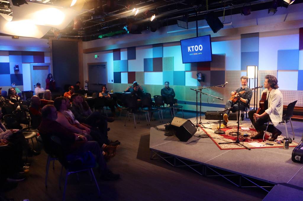 George Kuhar and Dan Kirkwood perform a set in a KTOO studio during the stations 50-Fest on Saturday night. (Mark Sabbatini / Juneau Empire)