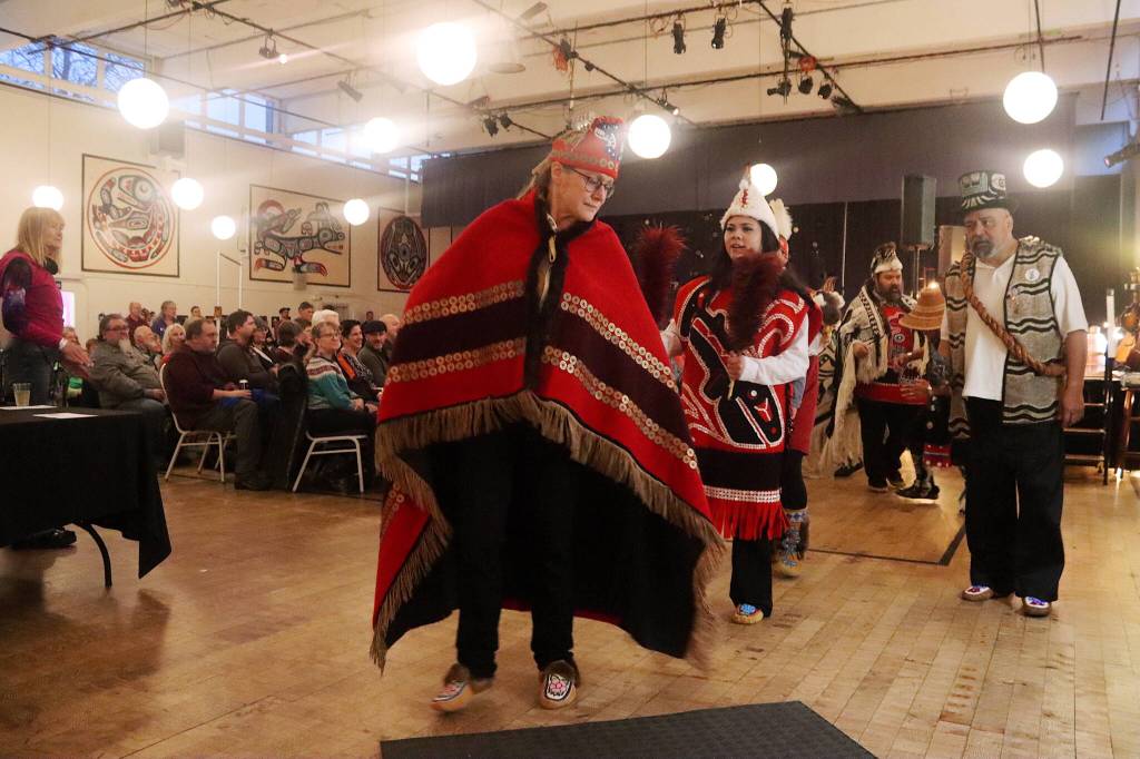 The Yaaw Tei Yi Dancers exit the auditorium at the Juneau Arts and Culture Center as the first group of performers at KTOOs 50-Fest on Saturday night. (Mark Sabbatini / Juneau Empire)