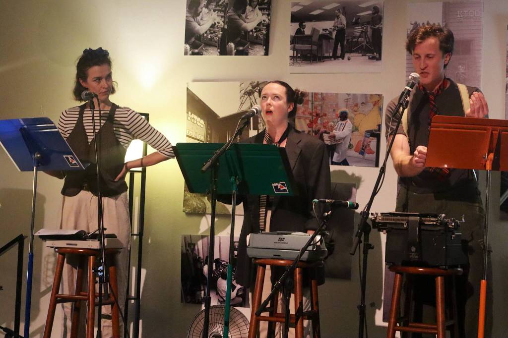 Cate Ross, Valorie Kissel and Travis Clark Morris perform a Juneau Ghost Light Theatre reading during KTOOs 50-Fest on Saturday night at the Juneau Arts and Culture Center. (Mark Sabbatini / Juneau Empire)