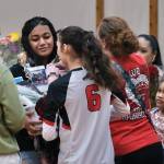 Juneau-Douglas High School: Yadaa.at Kalé volleyball senior Valinilia Mausia is honored before Friday nights game against Wasilla at the George Houston Gymnasium. (Klas Stolpe/Juneau Empire)