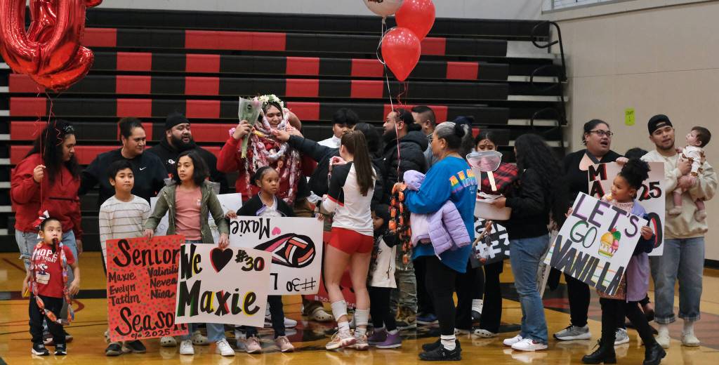 Juneau-Douglas High School: Yadaa.at Kalé volleyball senior Maxie Lehauli is honored before Friday nights game against Wasilla at the George Houston Gymnasium. (Klas Stolpe/Juneau Empire)