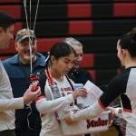 Juneau-Douglas High School: Yadaa.at Kalé volleyball senior Neveah Alexander is honored before Friday nights game against Wasilla at the George Houston Gymnasium. (Klas Stolpe/Juneau Empire)