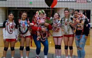 Juneau-Douglas High School: Yadaa.at Kalé volleyball seniors Neveah Alexander, Nina Jeter, Maxi Lehulie, Tatum Billings, Evelyn Richards and Val Mausia were honored before Friday nights game against Wasilla at the George Houston Gymnasium. (Klas Stolpe/Juneau Empire)