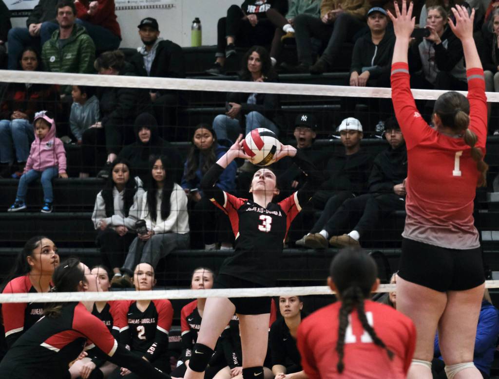 Juneau-Douglas High School: Yadaa.at Kalé senior Tatum Billings (3) sets a ball against Wasilla during the Crimson Bears three-set loss to the visiting Warriors on Saturday at the George Houston Gymnasium. (Klas Stolpe/Juneau Empire)