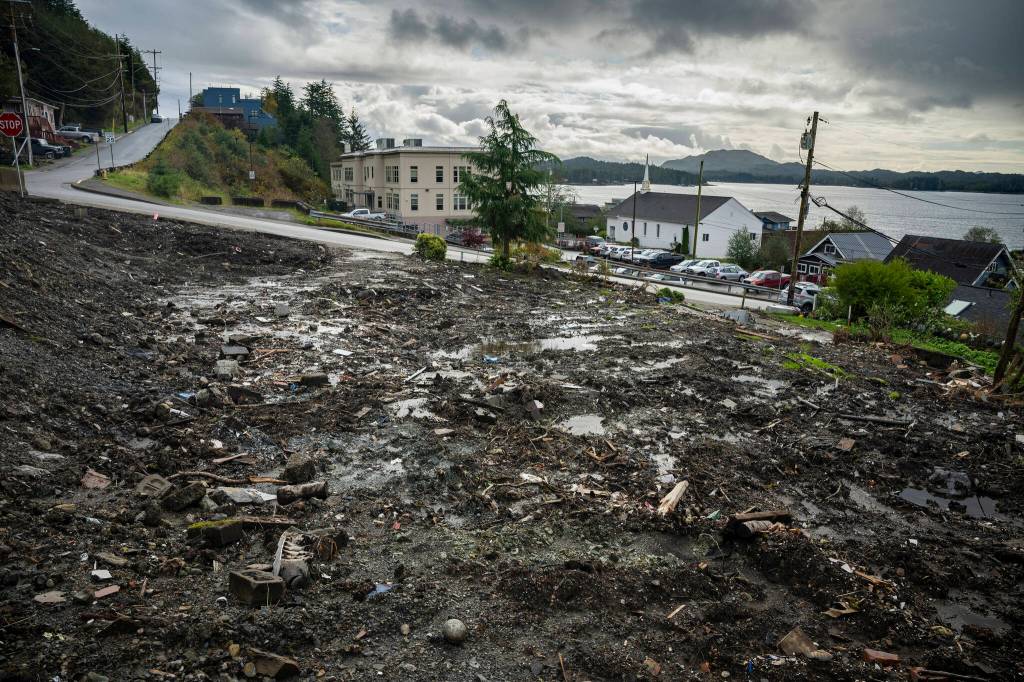 The empty lot with the remains of James and Bill Montivérs home in Ketchikan on Oct. 9, 2024. Deadly landslides are increasing around the world, but in parts of Alaska, maps of the hazards remain controversial. (Christopher Miller/The New York Times)