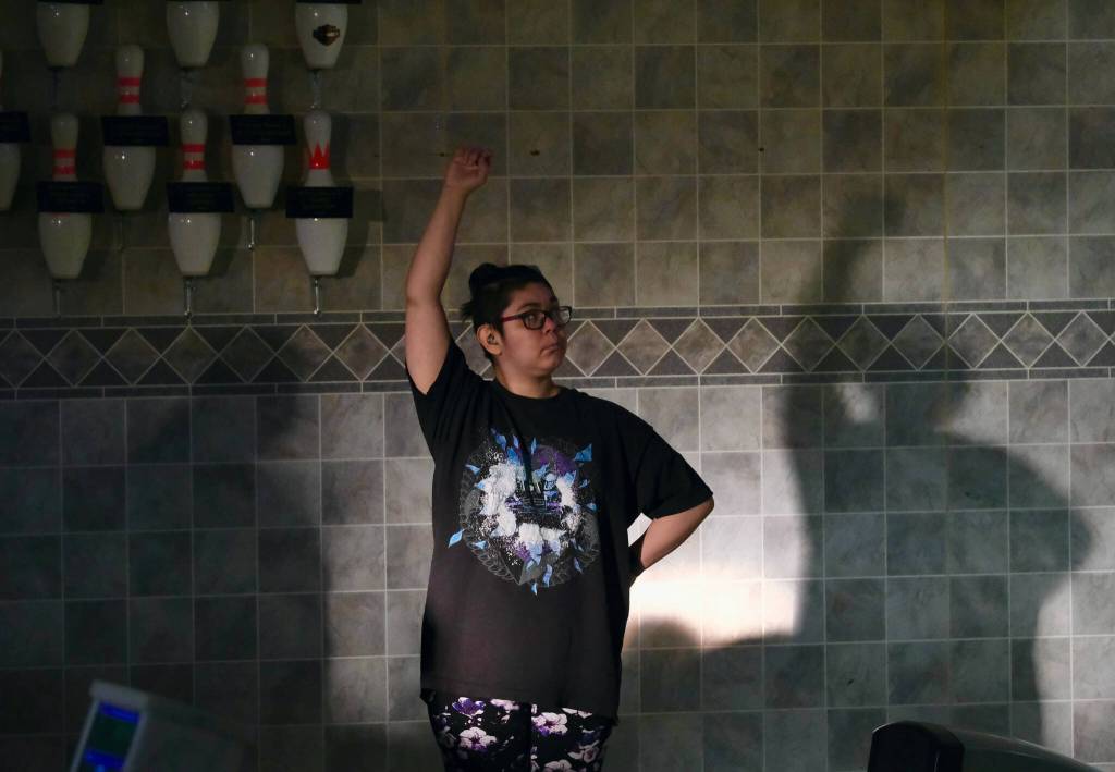 Kallie Aceveda celebrates a ball during the Juneau Special Olympics bowling games Sunday at Pinz Bowling Alley. (Klas Stolpe/Juneau Empire)