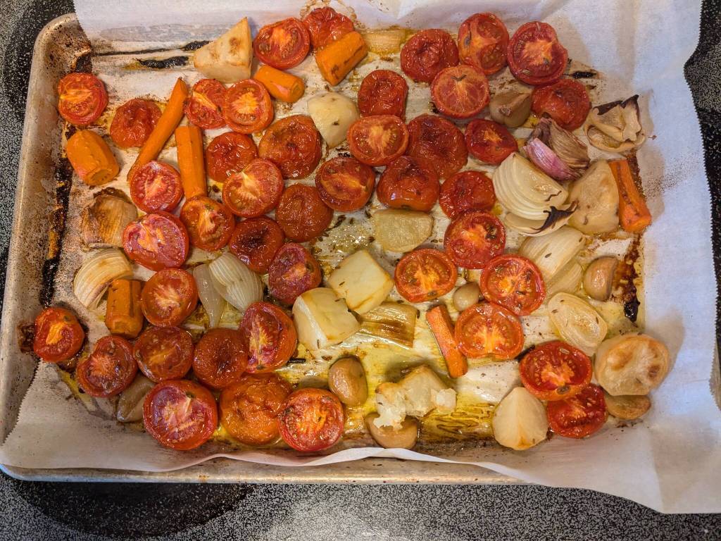Vegetables oven-roasted for sheet pan tomato soup. (Photo by Patty Schied)