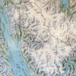 A present-day map displayed in the Mendenhall Glacier pavilion shows the zigzag border which runs from summit-to-summit as agreed in the original 1825 treaty between Russia and Great Britain. Canada and the United States surveyed the line in the late 1800s and again after a boundary tribunal in 1903 gave the entire coast to Alaska. (U.S. Forest Service map)