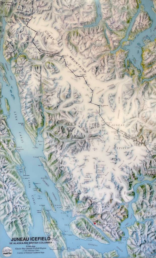 A present-day map displayed in the Mendenhall Glacier pavilion shows the zigzag border which runs from summit-to-summit as agreed in the original 1825 treaty between Russia and Great Britain. Canada and the United States surveyed the line in the late 1800s and again after a boundary tribunal in 1903 gave the entire coast to Alaska. (U.S. Forest Service map)