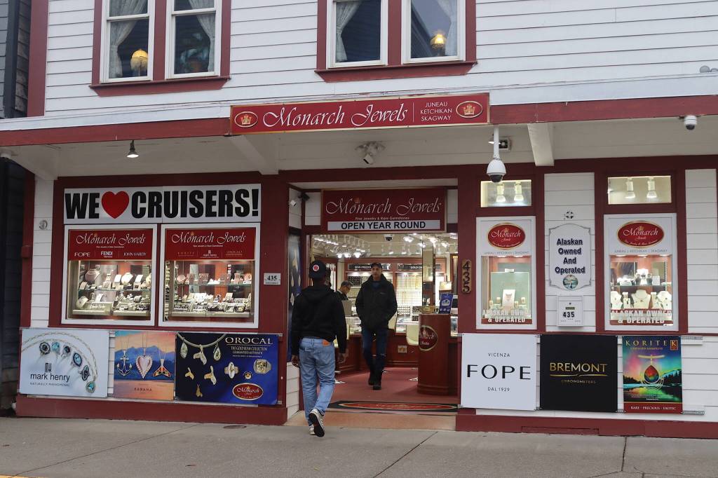 A person enters Monarch Jewelers, one of the few businesses on South Franklin Street near the Goldbelt Tram still open on Friday after the final cruise ship of 2024 departed Thursday. (Mark Sabbatini / Juneau Empire)