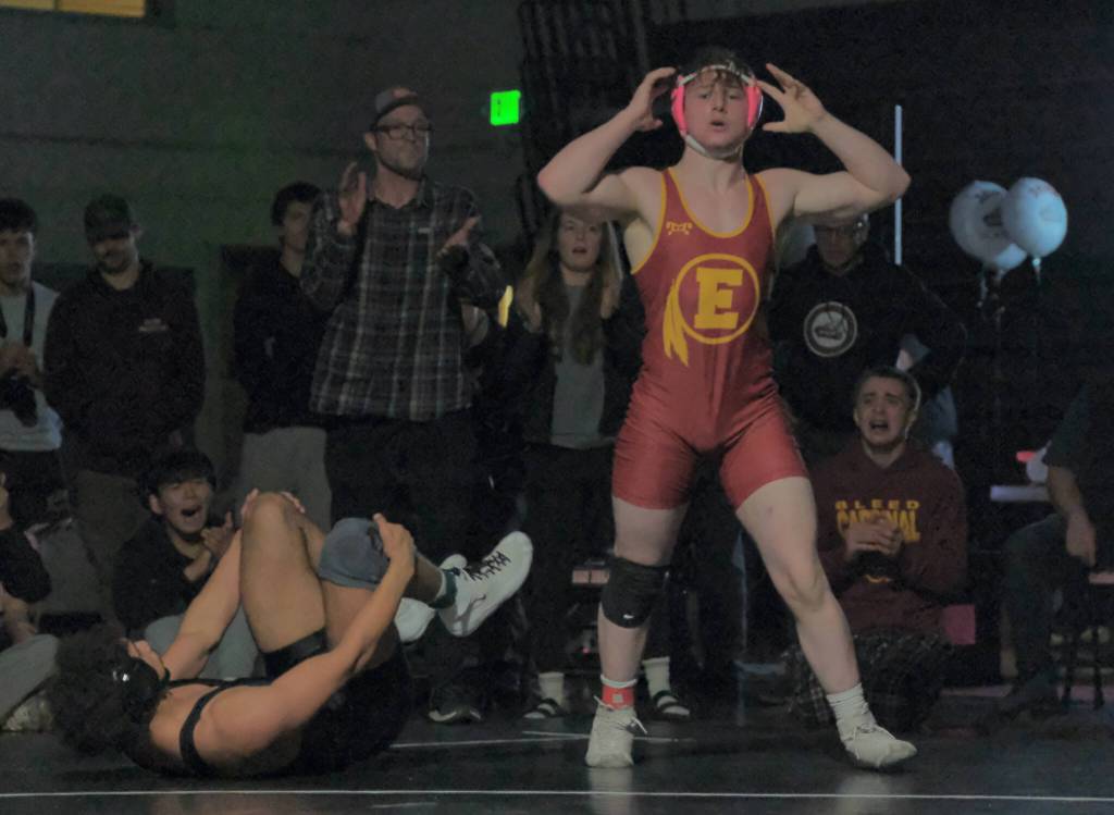 Mt. Edgecumbe senior Samson Smith reacts after pinning Petersburg senior Kaden Duke in their 171-pound title match on Saturday at the Southeast Showdown Wrestling Tournament in Juneaus George Houston Gymnasium. (Klas Stolpe / Juneau Empire)