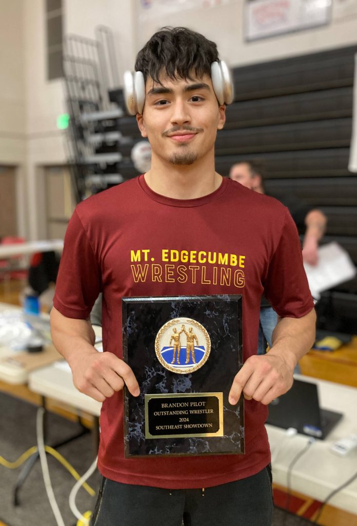 Mt. Edgecumbe High School senior Richard Didrickson received the Brandon Pilot Outstanding Wrestler award on Saturday at the Southeast Showdown Wrestling Tournament in Juneau's George Houston Gymnasium. (Klas Stolpe / Juneau Empire)
