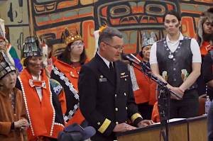 Rear Adm. Mark Sucato reads the U.S. Navys apology to the people of Angoon on Saturday, Oct. 26, 2024 commemorating 142 years to the day since the military bombarded the village in 1882. (Screen image from Sealaska Heritage Institute)