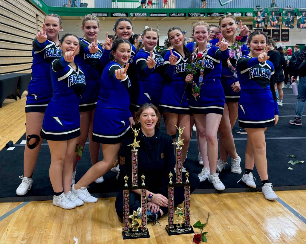 The Juneau Youth Football League competition cheer team pose for a photo at last weekends Rally in the Valley Cheer Competition at Palmers Colony High School. Back row left to right: Kendall Mulkey, Hajla Ridle, Thea Gordon, Maddie Ingraham, Bailey Friedrichs, Lucy Burke, Kristine Ryan, Courtney Parkin and Roxy Vetrano. Front l-r: Dakota Barger, Tayzia Galletes-Stafford and coach Tiffany Mahle. Not pictured is McKinley Burgess Fitzpatrick. (Photo courtesy Tiffany Mahle).