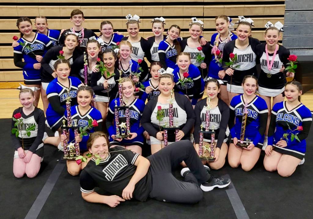 The Juneau Huskies and JYFL competition cheer teams pose for a photo at last weekends Rally in the Valley Cheer Competition at Palmers Colony High School. (photo courtesy Samantha Day)