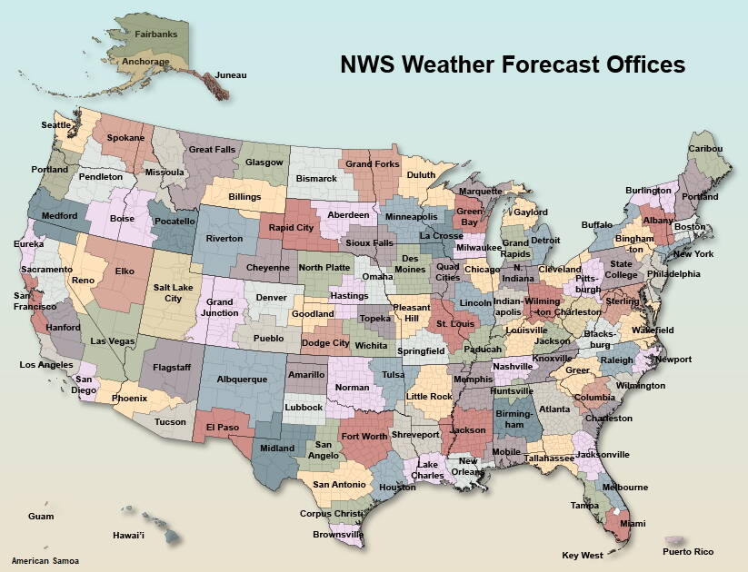 This map  not to scale when considering Alaska or Hawaii  shows the National Weather Service regional offices across the United States. (Graphic courtesy of the National Weather Service)